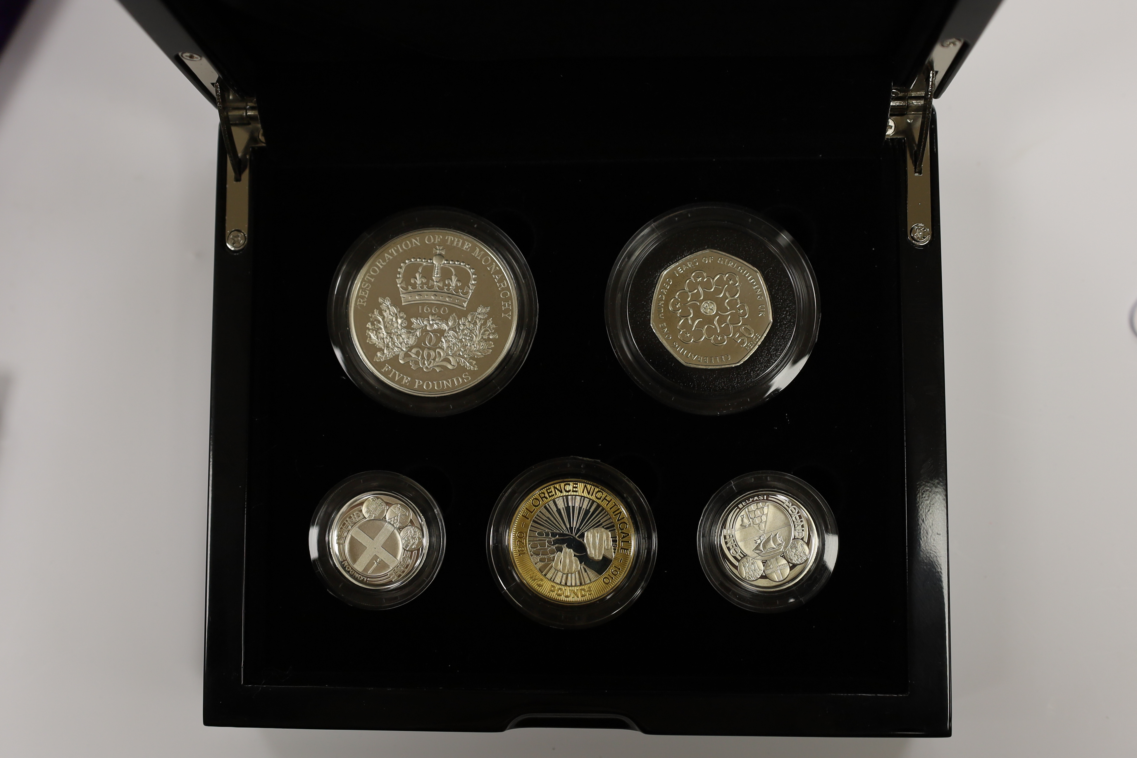 Royal Mint UK QEII silver piedfort proof coins - 2010 five coin set, 2021 95th birthday of her Majesty the Queen £5 and 2007 Diamond Wedding crown, 3 cases